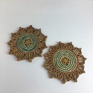 Vintage Boho Floral Woven Straw Trivet Set of 2